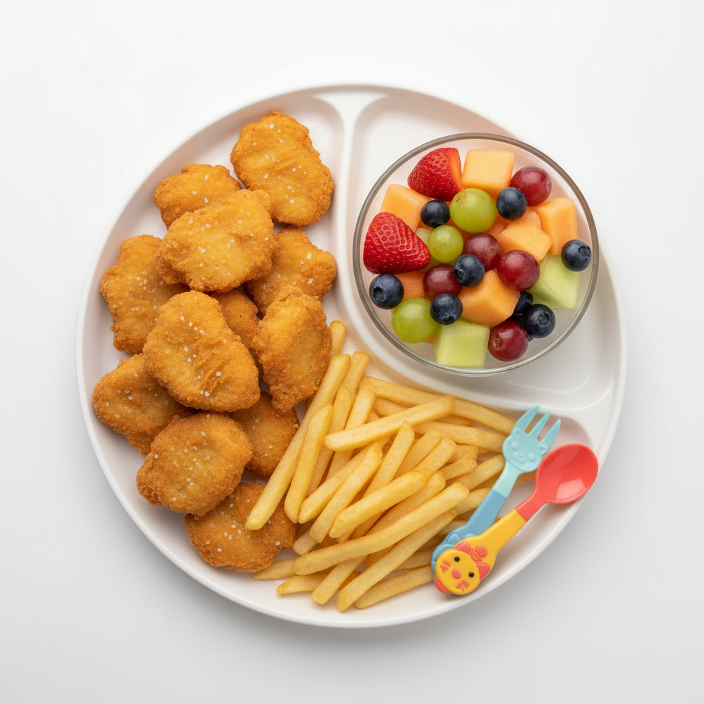 Chicken nuggets and fries plus fruit bowl